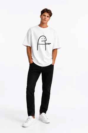 Komik Çöp Adam Çift Tişörtü Oversize Unisex Sevgili Kombini Baskılı Beyaz Tişört