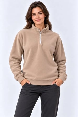 Polar Dik Yaka Yarım Fermuarlı Uzun Kollu Regular Fit Kışlık Sweatshirt - Bej