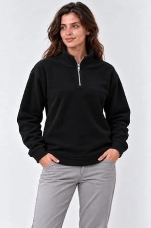 Polar Dik Yaka Yarım Fermuarlı Uzun Kollu Regular Fit Kışlık Sweatshirt - Siyah