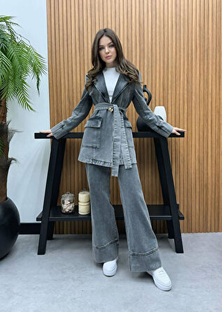 Premium Kalite Denim Kot Ceket Pantolon Takım Bağlamalı İkili Tasarım Düğme Detaylı Jean Takım