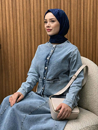 Silver Düğme Detaylı Jean Takım Etek Ceket Denim Takım