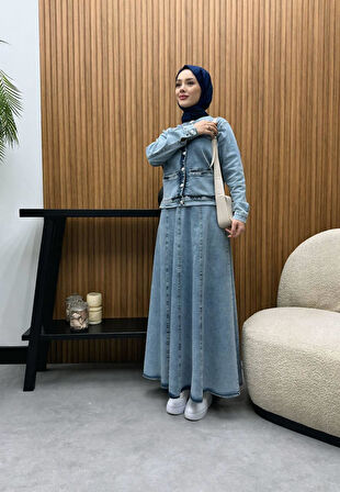 Silver Düğme Detaylı Jean Takım Etek Ceket Denim Takım