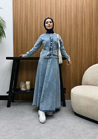 Silver Düğme Detaylı Jean Takım Etek Ceket Denim Takım