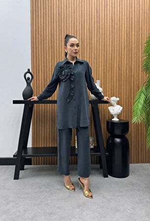 Premium Kalite TNCL Kumaş Çiçek Detaylı İkili Takım Tesettür Takım