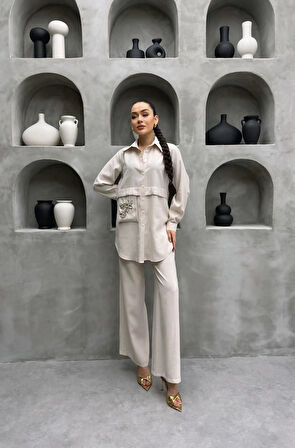 İnci ve Pul İşlemeli Cep Detaylı TNCL Kumaş Premium Kalite İkili Takım Tesettür Uyumlu Gömlek Pantolon Takım 