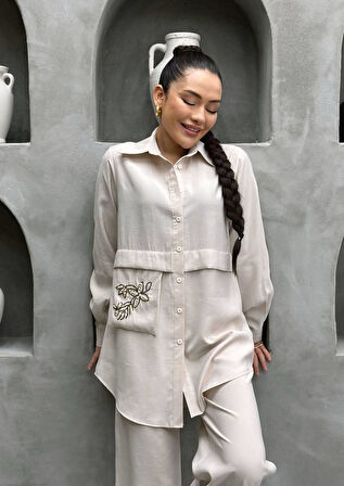 İnci ve Pul İşlemeli Cep Detaylı TNCL Kumaş Premium Kalite İkili Takım Tesettür Uyumlu Gömlek Pantolon Takım 