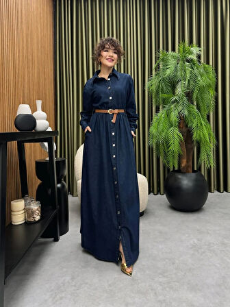 Premium Kalite Kemer Detaylı Yazlık Denim Kot Elbise Tesettür Jean Elbise 148 cm