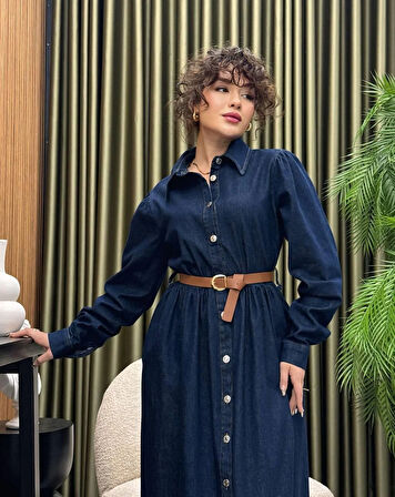 Premium Kalite Kemer Detaylı Yazlık Denim Kot Elbise Tesettür Jean Elbise 148 cm