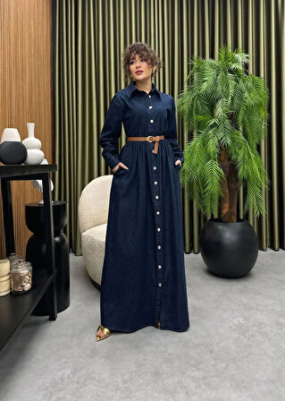 Premium Kalite Kemer Detaylı Yazlık Denim Kot Elbise Tesettür Jean Elbise 148 cm