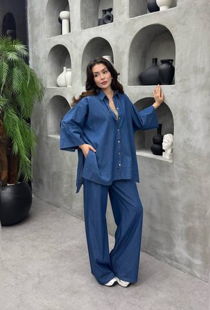 Cardella Lina Oversize TNCL Takım - Tesettür Uyumlu Gömlek ve Bol Paça Pantolon Takım