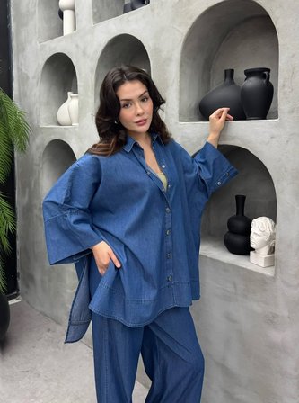 Cardella Lina Oversize TNCL Takım - Tesettür Uyumlu Gömlek ve Bol Paça Pantolon Takım