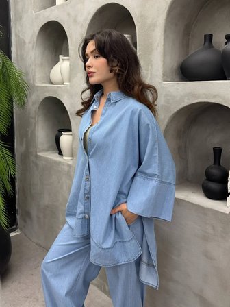 Cardella Lina Oversize TNCL Takım - Tesettür Uyumlu Gömlek ve Bol Paça Pantolon Takım