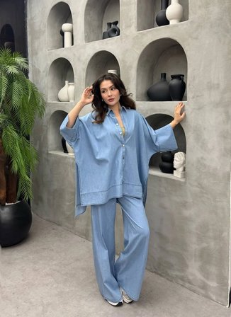 Cardella Lina Oversize TNCL Takım - Tesettür Uyumlu Gömlek ve Bol Paça Pantolon Takım