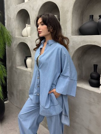 Cardella Lina Oversize TNCL Takım - Tesettür Uyumlu Gömlek ve Bol Paça Pantolon Takım