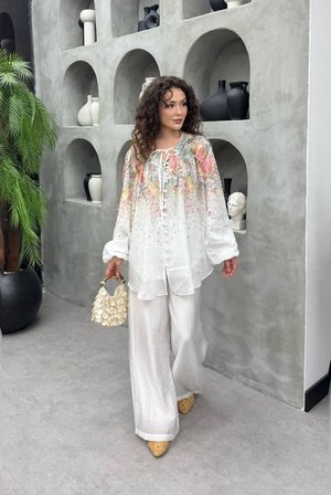 Camelia Premium Vual Kumaş Desenli Alt Üst Pantolonlu Takım  - Tesettü Uyumlu Kombin
