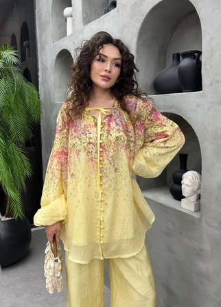 Camelia Premium Vual Kumaş Desenli Alt Üst Pantolonlu Takım  - Tesettü Uyumlu Kombin