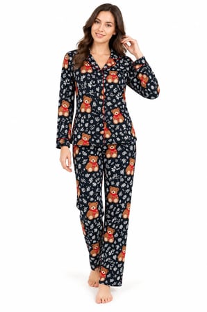 Polkan 11071 Kadın Uzun Kollu Ayıcık Desenli Süet Pijama Takım