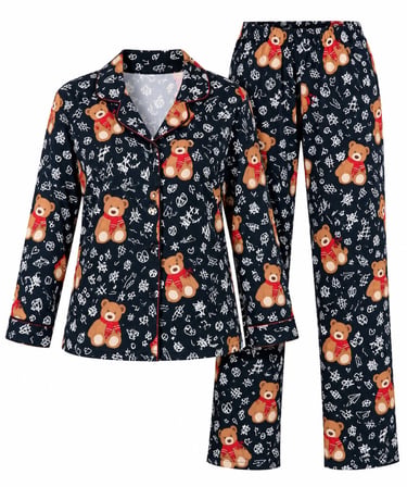 Polkan 11071 Kadın Uzun Kollu Ayıcık Desenli Süet Pijama Takım