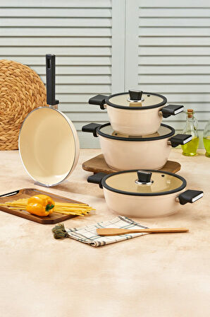 Seramik Tencere Seti 7 Parça Krem