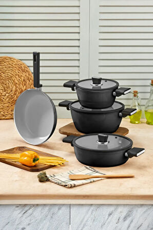 Seramik Tencere Seti 7 Parça Siyah