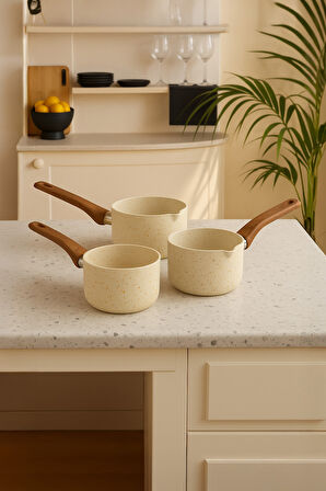 Lufian Granit Lüks Sütlük Ahşap Saplı 3'lü