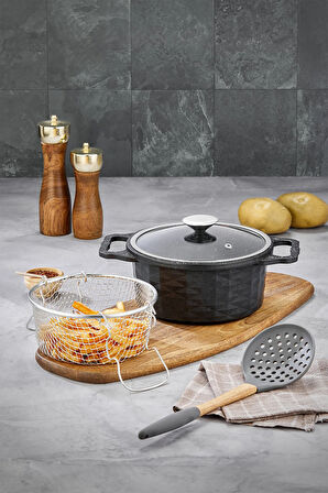 Kristal Döküm Granit Kızartma Tenceresi 20 cm Siyah Patates Kızartma Fritöz Telli