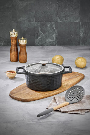 Kristal Döküm Granit Kızartma Tenceresi 20 cm Siyah Patates Kızartma Fritöz Telli