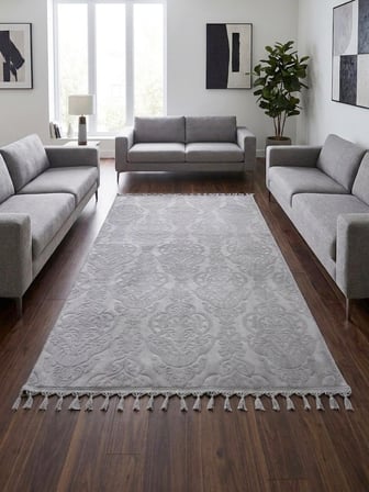 Rölyef Gri Joy Pon Pon Saçaklı Modern Yumuşak Dokulu Kabartmalı Kaymaz Taban Halı Yolluk