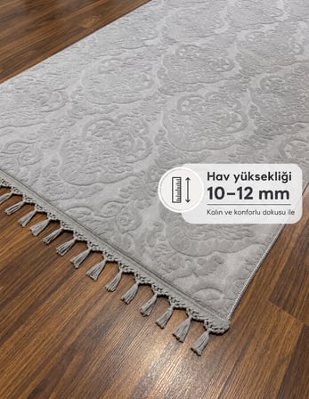 Rölyef Gri Joy Pon Pon Saçaklı Modern Yumuşak Dokulu Kabartmalı Kaymaz Taban Halı Yolluk