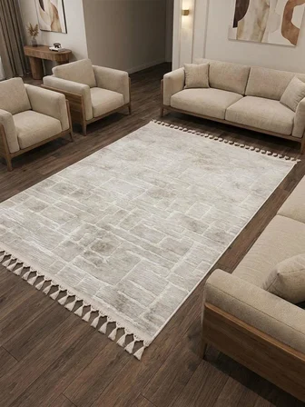 Aksu Stan Kaymaz Tabanlı Kesme Örgü Saçaklı Salon Koridor Yıkanabilir Halı Bej
