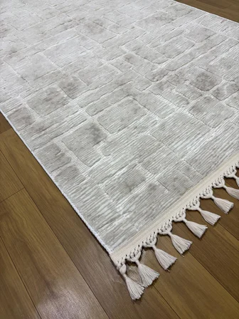 Aksu Stan Kaymaz Tabanlı Kesme Örgü Saçaklı Salon Koridor Yıkanabilir Halı Bej
