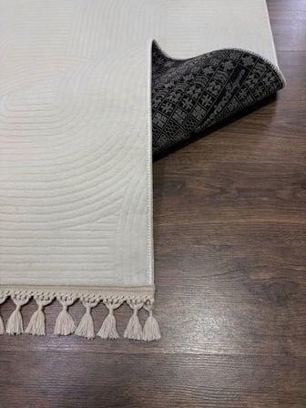 Krem Kaymaz Taban Pon Pon Saçaklı Yıkanabilir Salon Halısı Mutfak Halısı Yolluk