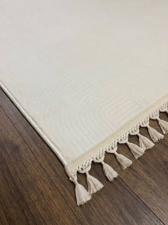 Krem Kaymaz Taban Pon Pon Saçaklı Yıkanabilir Salon Halısı Mutfak Halısı Yolluk