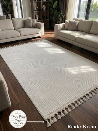 Krem Kaymaz Taban Pon Pon Saçaklı Yıkanabilir Salon Halısı Mutfak Halısı Yolluk