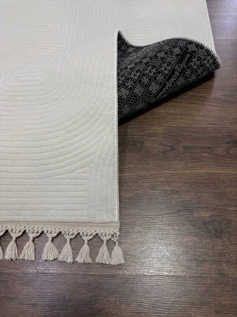 Krem Kaymaz Taban Pon Pon Saçaklı Yıkanabilir Salon Halısı Mutfak Halısı Yolluk