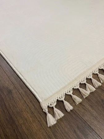 Krem Kaymaz Taban Pon Pon Saçaklı Yıkanabilir Salon Halısı Mutfak Halısı Yolluk