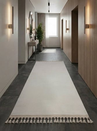 Krem Kaymaz Taban Pon Pon Saçaklı Yıkanabilir Salon Halısı Mutfak Halısı Yolluk