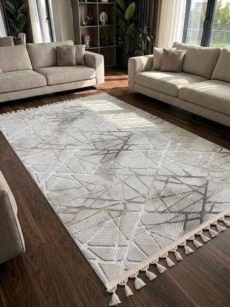 Dinar Mila Taş Gri Pon Pon Örgü Saçaklı Yıkanabilir Kaymaz Yolluk Halı Modern Desen