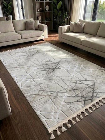Dinar Mila Taş Gri Pon Pon Örgü Saçaklı Yıkanabilir Kaymaz Yolluk Halı Modern Desen