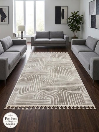 Kaymaz Taban Krem Bej Modern Desenli Yıkanabilir Leke Tutmaz Saçaklı Salon Oturma Odası Mutfak Halı Yolluk