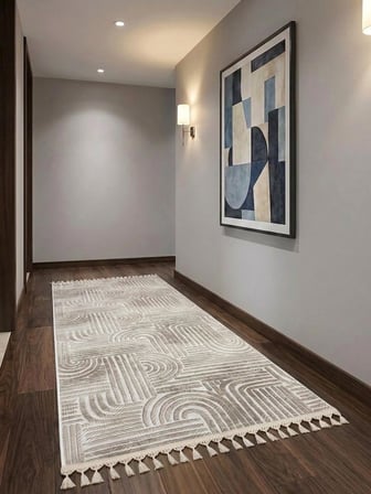 Kaymaz Taban Krem Bej Modern Desenli Yıkanabilir Leke Tutmaz Saçaklı Salon Oturma Odası Mutfak Halı Yolluk