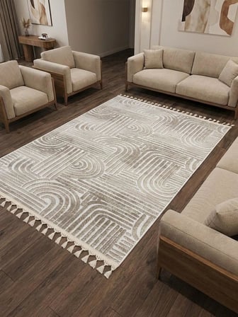 Kaymaz Taban Krem Bej Modern Desenli Yıkanabilir Leke Tutmaz Saçaklı Salon Oturma Odası Mutfak Halı Yolluk