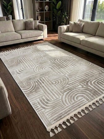 Kaymaz Taban Krem Bej Modern Desenli Yıkanabilir Leke Tutmaz Saçaklı Salon Oturma Odası Mutfak Halı Yolluk