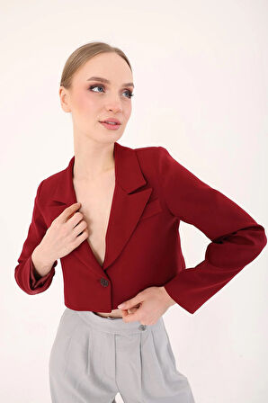 Crop Blazer Ceket-Bordo