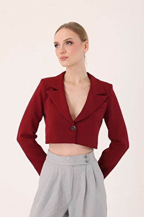 Crop Blazer Ceket-Bordo