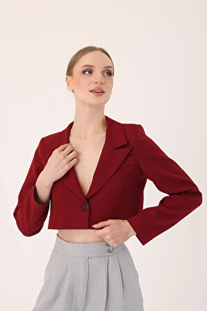 Crop Blazer Ceket-Bordo