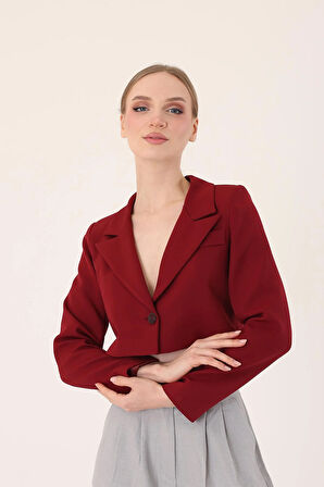 Crop Blazer Ceket-Bordo