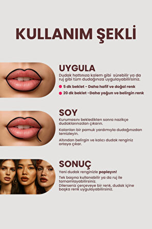 3'Lü Soyulabilir Dudak Kalemi - Peel-Off Lip Tattoo Seti
