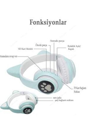 Kablosuz Kedi Kulaklık Işıklı Kulaküstü Mikrofonlu Bluetooth Hafıza Kartı Girişli Çocuk Kulaklığı