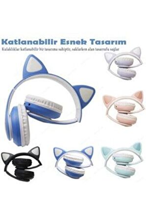 Kablosuz Kedi Kulaklık Işıklı Kulaküstü Mikrofonlu Bluetooth Hafıza Kartı Girişli Çocuk Kulaklığı